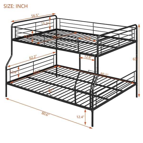 dimension image slide 0 of 2, Full XL Over Queen Metal Bunk Bed with Ladder & High Guardrail, Heavy-Duty Metal Bunk Bed Dormitory Apartment Iron Frame Bed