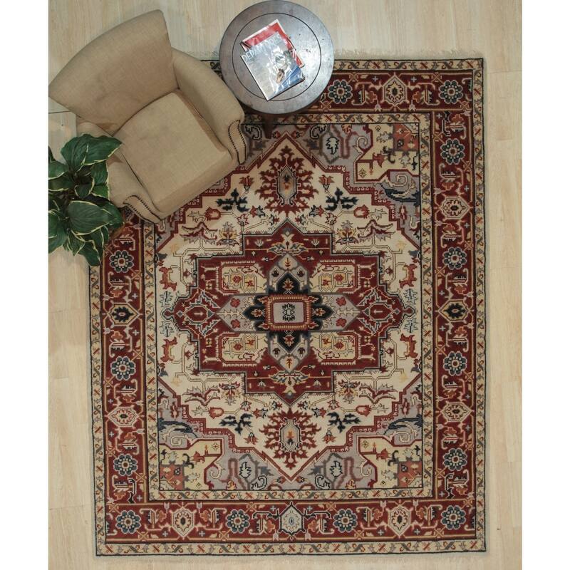 Ivory Hand Knotted Wool Traditional Heriz Weave Rug, 8' x 10', Soft Luxurious Accent Rug - L