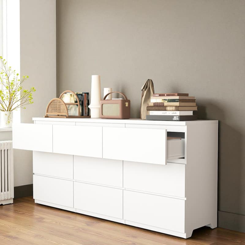 Modern 9-Drawer Dresser Wide Bedroom Cabinet Handleless Chest Wood Storage Organizer for Living Room Hallway Entryway
