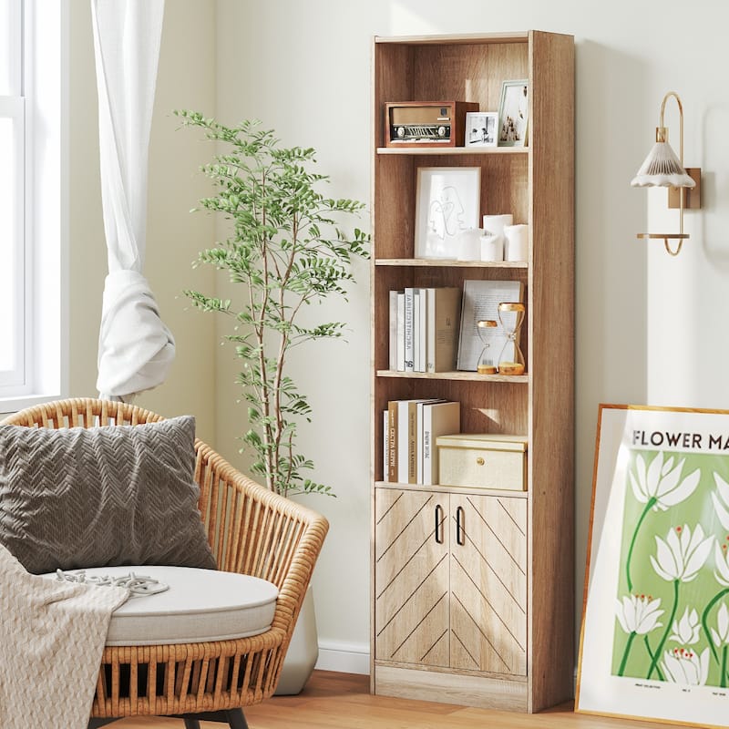 Gymax 71'' Bookshelf w/2-Door Cabinet 6-Tier Bookcase Tall Storage
