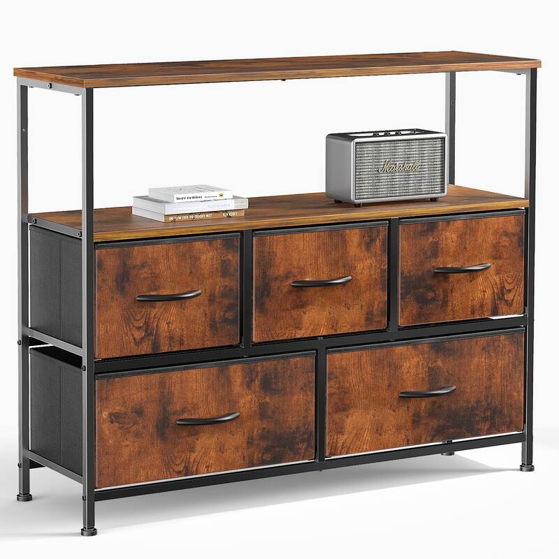 CoolArea 5-Drawer Dresser, Fabric Chest Storage Tower with Wooden Top and Open Shelf - Brown