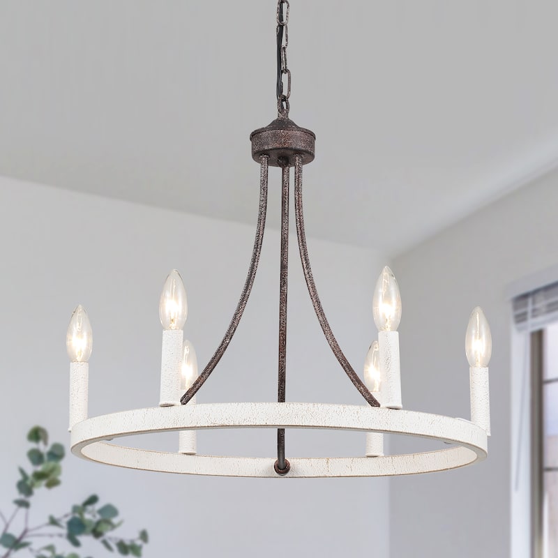 6-Light Farmhouse Candle Circle Hanging Wagon Wheel Chandelier Lighting for Kitchen Island - Black and White