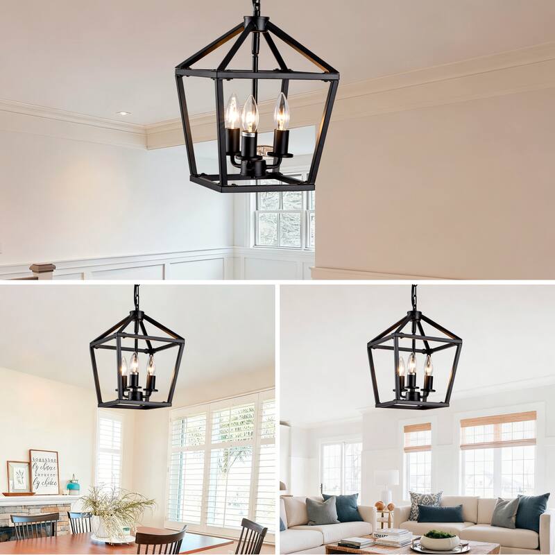 Farmhouse Lantern Chandelier 3-Light with Rustic Open Cage and Adjustable Hanging Height