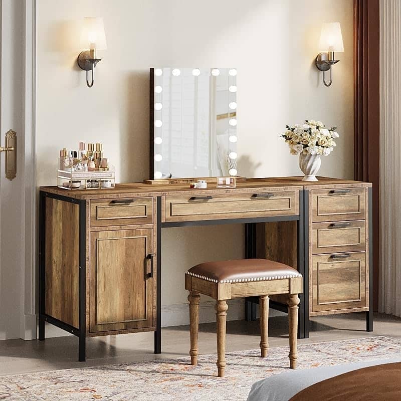 Farmhouse Makeup Vanity Desk with 5 Drawers and Cabinet for Bedroom