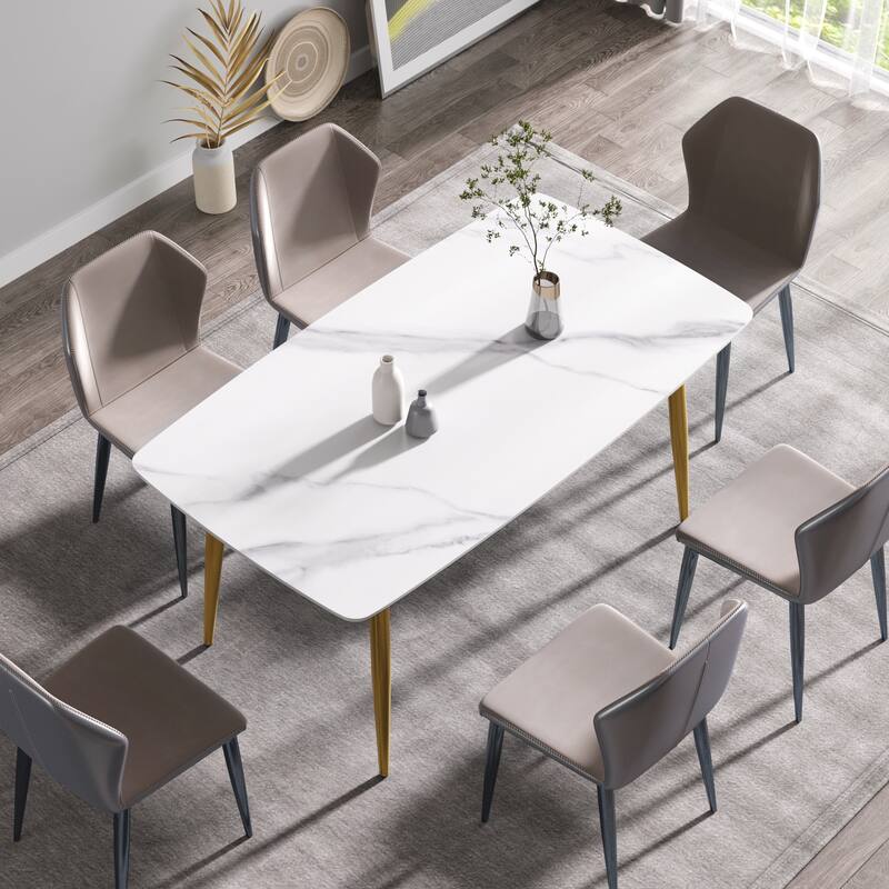 71"Modern White Dining Table for 6, Sintered Stone Tabletop Kitchen Table - White+Gold