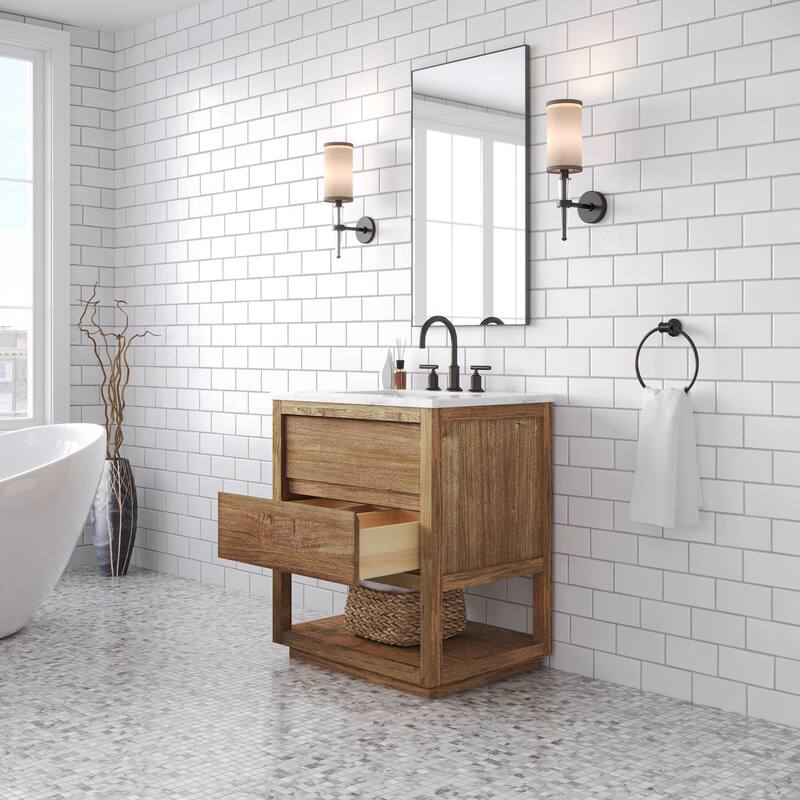 Oakman Mango Wood Carrara White Marble Countertop Bath Vanity with Faucet