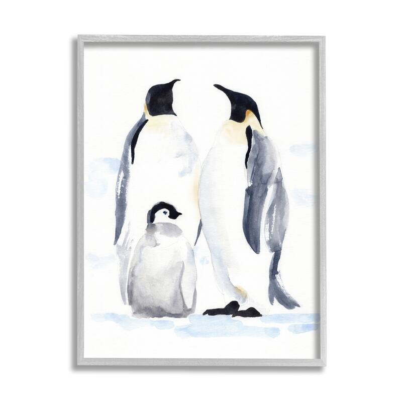Stupell Winter Penguin Bird Family Soft Watercolor Arctic Animals Framed Wall Art - Blue - 24 x 30 - Grey