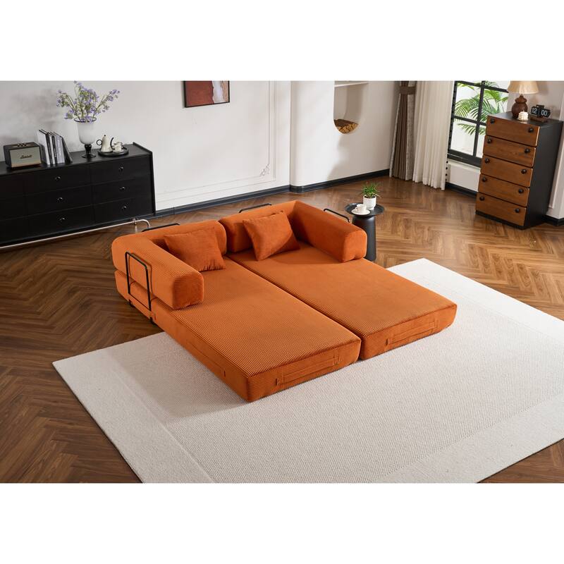 Convertible Sleeper Sofa Bed with Cylindrical Pillow, Corduroy Folding Mattress Couch with Fixed-Shape Frame