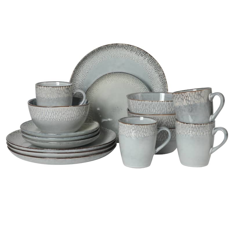 Gibson Elite Jasper 16 Piece Plates and Bowls Reactive Glaze Dishes Stoneware Ceramic Dinnerware Set - Service for 4 - Grey