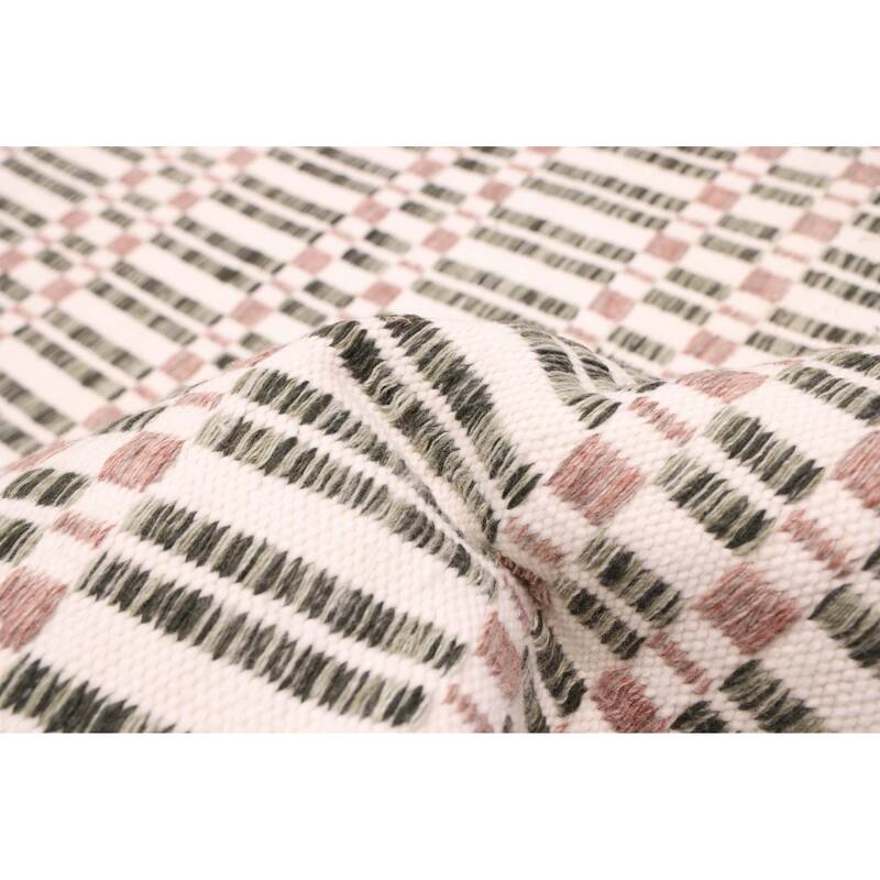 ECARPETGALLERY Flat-Weave Nevada Dark Green, Ivory Wool Kilim - 5'2 x 7'7