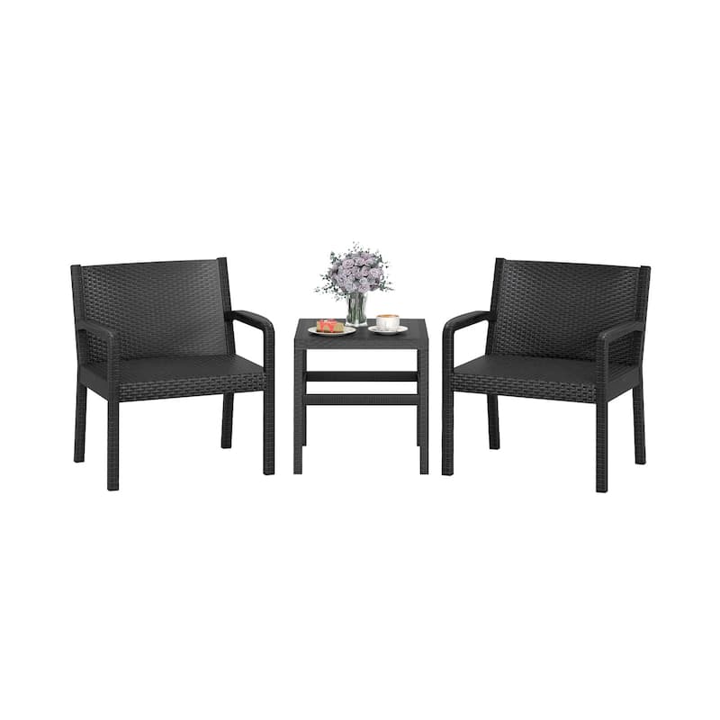 3 Piece Black PP Rattan Patio Chairs with Side Table for Outdoor Seating - Chair: 25" x 23" x 30.5"