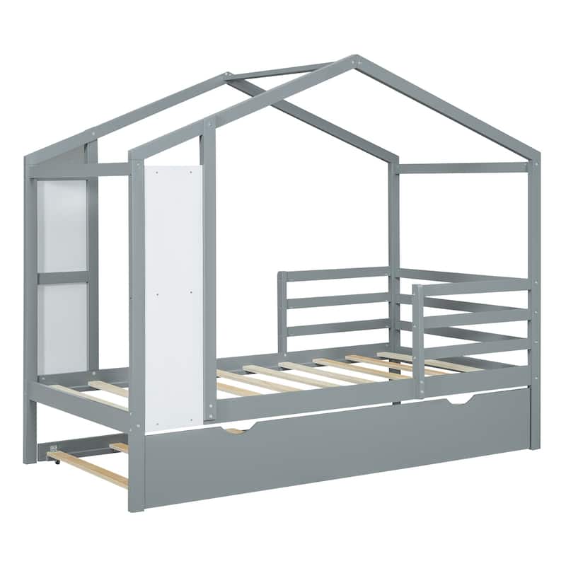 Wood House Bed with Fence and Writing Board