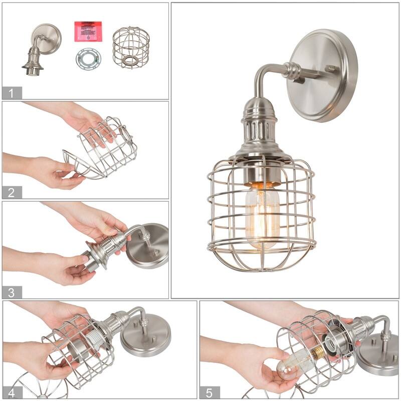 Modern Industrial 1-Light Nickel Wall Sconce Cage Vanity Light - 7.5" W x 13" H