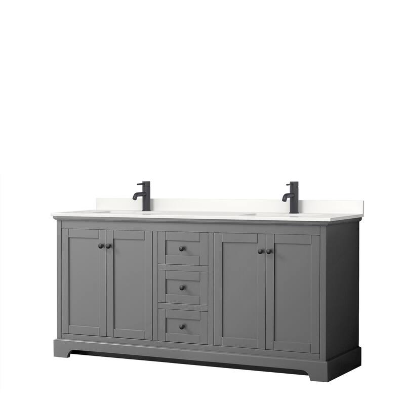 Avery 72-inch Double Vanity, Quartz Top - Dark Gray, Black Trim, White Quartz Top