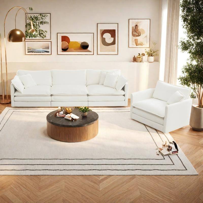 4-Seat Chenille Sectional Sofa Set (3-Seater + Accent Chair) with Deep Seats & Solid Wood Frame - White