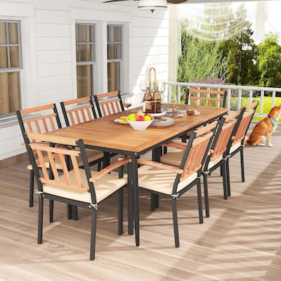 9PCS Patio Dining Set 79" Outdoor Chair &Table Set w/ Umbrella Hole