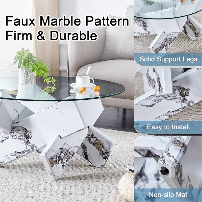 33.4" Modern Round Coffee Table with Clear Tempered Glass Top and MDF Legs for Living Room