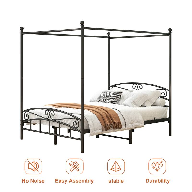 Queen Size Metal Canopy Bed Frame, Heavy Duty Steel Slats Support, Queen Size Platform Bed Frame with Four Poster Design