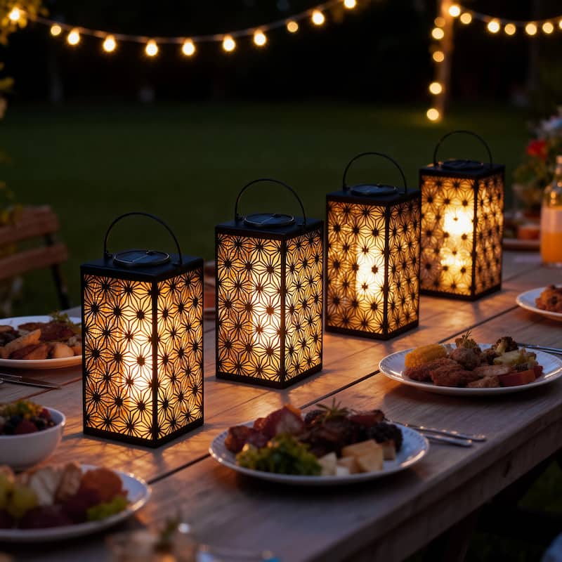 Set of 4 11"H Glass Pattern Oudoor Solar Powered Hanging Lanterns By Glitzhome - Cutout Pattern