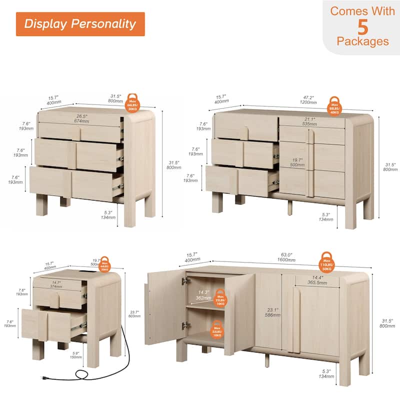 5 Pcs Wood Dresser and Nightstand Sets for Bedroom，Mid-Century Modern Bedroom Set with Curved Profile Design