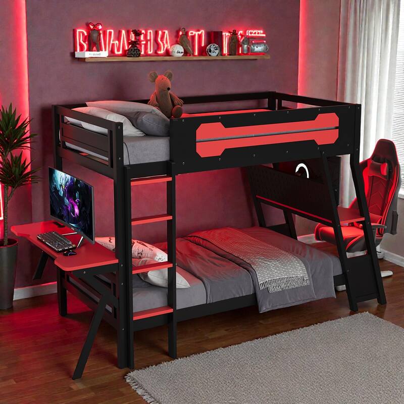Twin/Full Gaming Bunk Bed with Dual Desks, USB Charging Ports and Pegboard Organizer, Gamer Bunk Frame