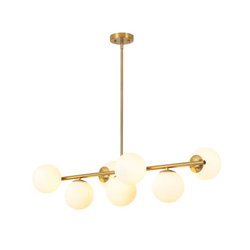 7-Light Mid-Century Modern Gold/Black Sputnik Metal Island Lights with Opal Glass Globe Shades for Kitchen, Dining Room