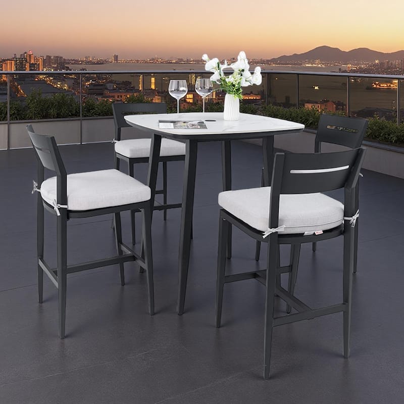 5-Piece Outdoor Patio Aluminum Bar Set with Marble-pattern Tabletop, 4 Bar Stools, and Umbrella Hole - White+Black