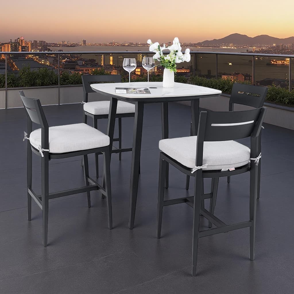 5-Piece Outdoor Patio Aluminum Bar Set with Marble-pattern Tabletop, 4 Bar Stools, and Umbrella Hole