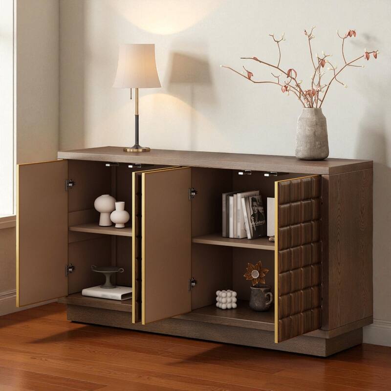 Modern 4-Door Wood Storage Cabinet with 3D Geometric Doors, Metal Trim & Adjustable Shelves for Living Room or Office