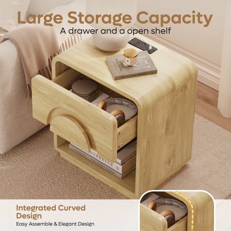 Bestier Nightstand with Charging Station, Modern LED End Table Bedside Table with Drawer & Open Shelf for Bedroom & Living Room