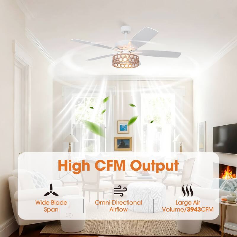 52" Bohemian White 5-Blade Natural Jute Ceiling Fan with Light Kit and Remote