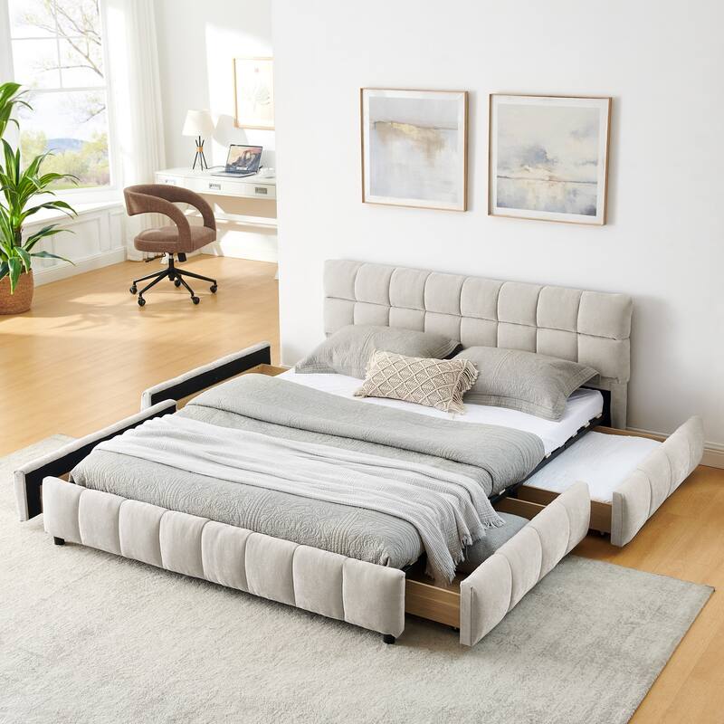 Block Thick Chenille Low Profile Platform Bed Fabric Upholstered Bedframe with Headboard Solid Wood Frame - Optional Storage Bed - Beige with Drawers - Queen