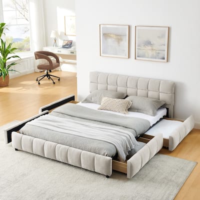 Queen Size Chenille Upholstered Platform Bed with Headboard and Storage Drawers
