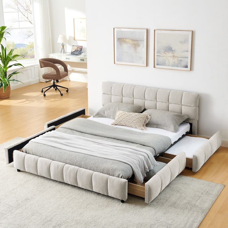 Queen Size Upholstered Bed with Storage Drawers, Soft Chenille Fabric Frame, Modern Platform Bed with Headboard - White
