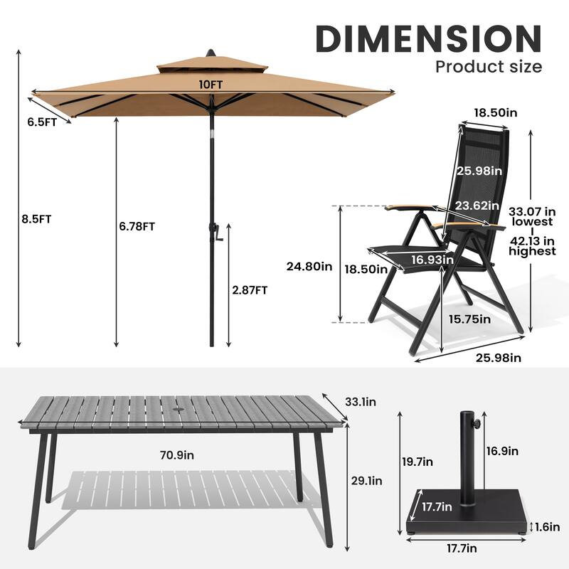 9/11-Piece Outdoor Aluminum Patio Dining Set w/10 ft Umbrella and Base, Rectangle Table and Folding Chairs