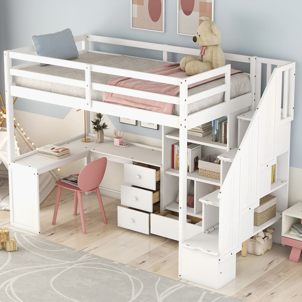 Twin Size Loft Bed with L-Shaped Desk, 3 Drawers, Cabinet & Storage Staircase, Full-Length Guardrail for Top Bunk