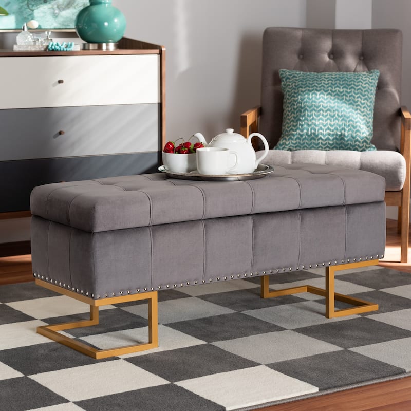 Ellery Luxe and Glam Velvet and Gold Finished Metal Storage Ottoman