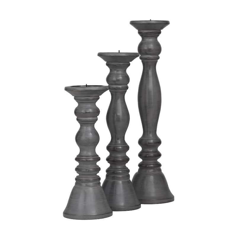 Wood Turned Style Pillar Candle Holder - Set of 3 Black, Gray - Roche River Decor
