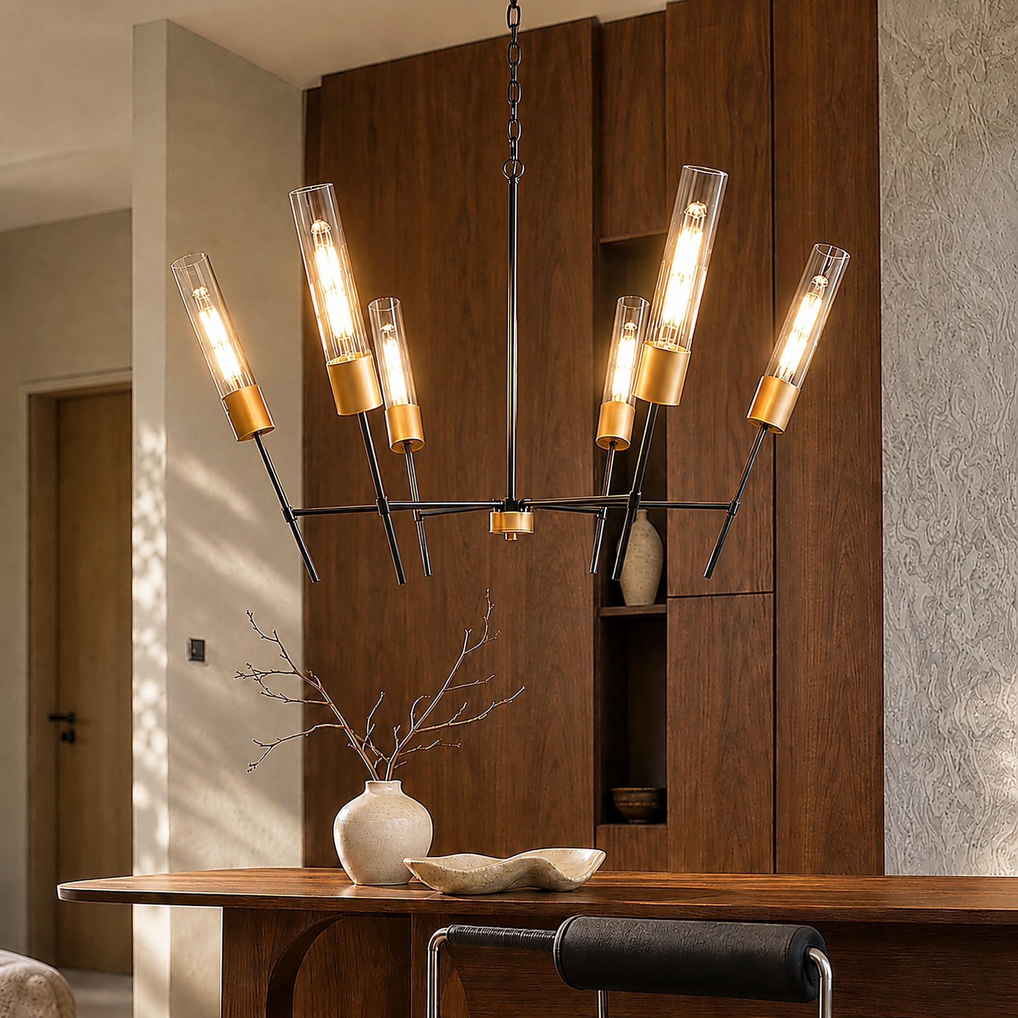 Modern Black Gold 6-Light Chandelier Crown Design with Clear Glass Shade for Dining Room - 43.7 " × 26.4 "