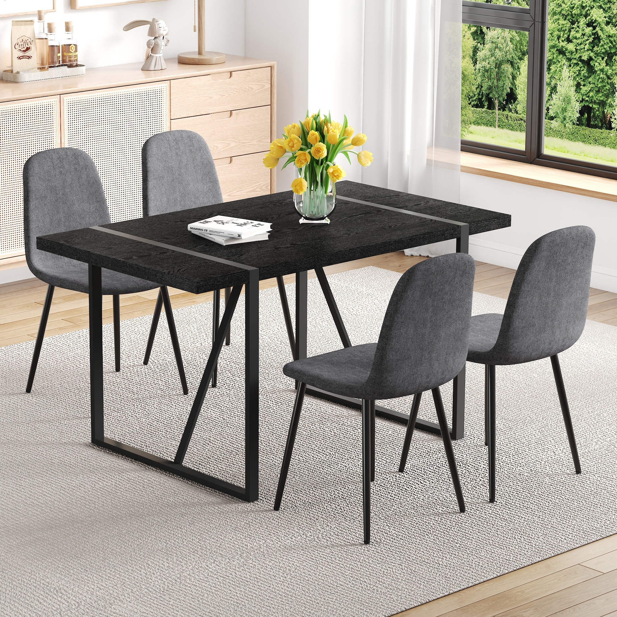 Rectangular Dining Table Set for 4, 55-Inch Wood Table with 4 Chairs, 5-Piece Modern Kitchen Table Set