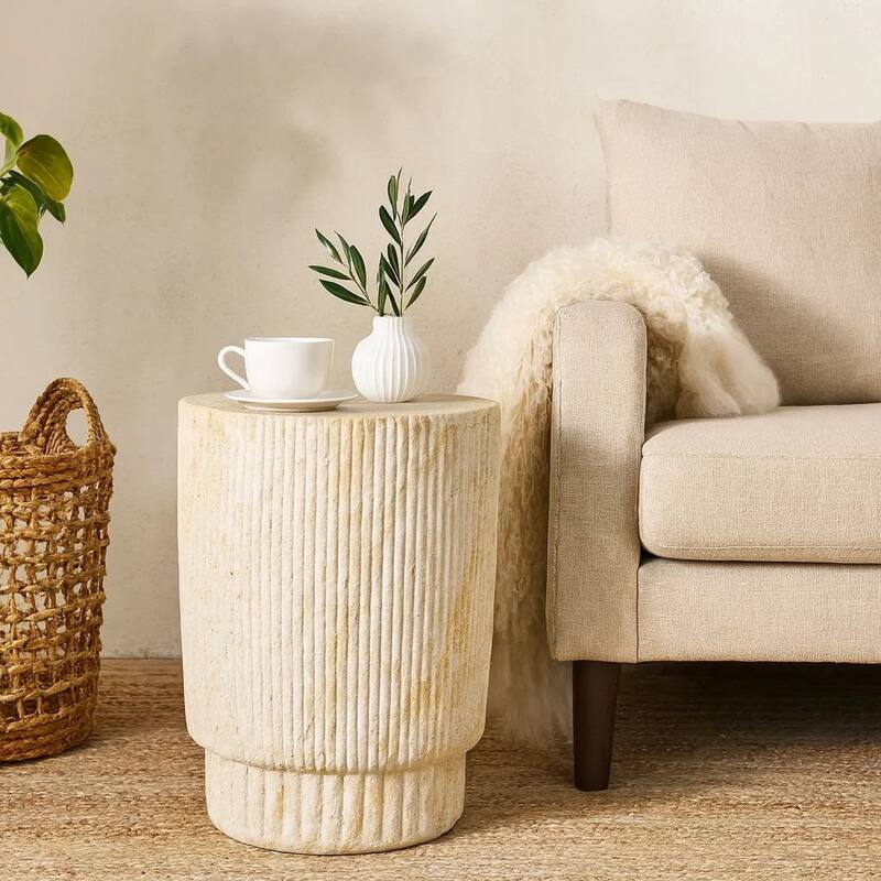 Archi Plant Stand Table, Fluted Surface, Marbled White Resin 18 Inch