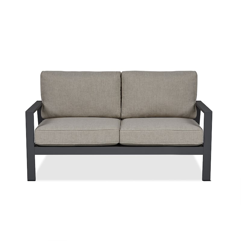 Aegean Outdoor Two Seat Sofa in Weathered Slate w/ Tan Cushions by Real Flame