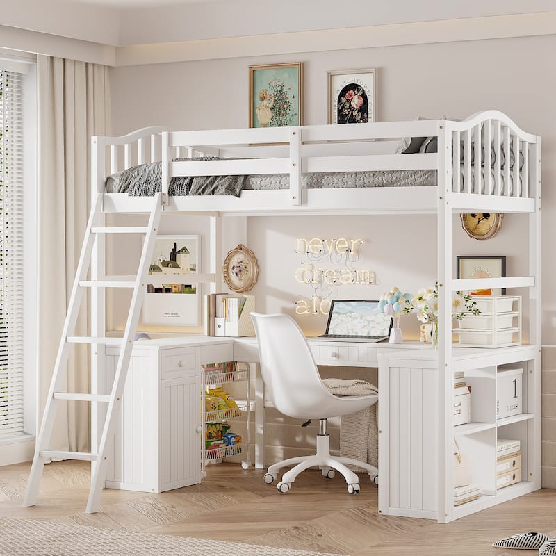 Merax Twin Loft Bed with Drawers, Cabinet, Shelves and Desk - White
