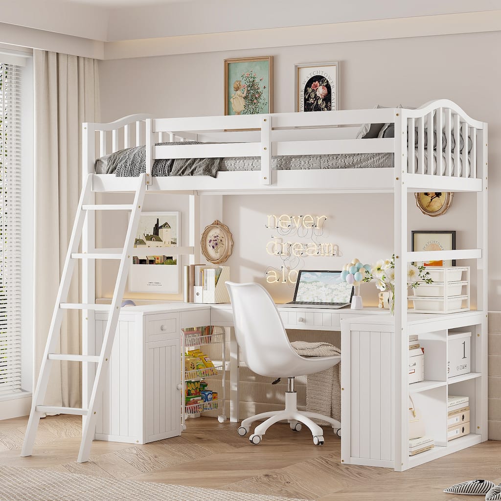 Roomfitters Twin Size Wooden Loft Bed with Desk, Cabinet, Shelves and Storage Drawers, White