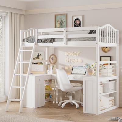 Twin Wood Loft Bed with Desk - Includes Drawers, Cabinet and Multiple Storage Shelves