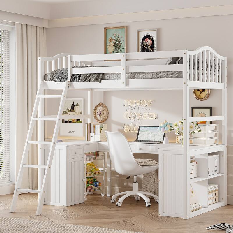 Twin size Loft Bed with Drawers, Cabinet, Shelves and Desk, Wooden Loft Bed with Desk - White - White