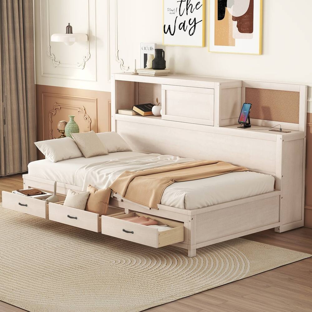 Wooden Daybed with 3 Storage Drawers,Upper Soft Board and USB Ports for Bedroom