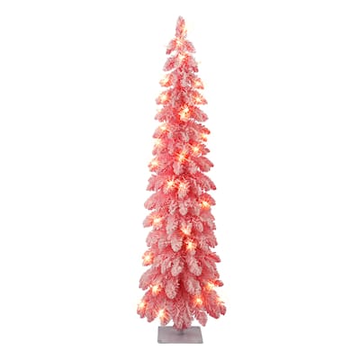 Puleo International 4 ft. Pre-lit Pink Flocked Alpine Pencil Tree
