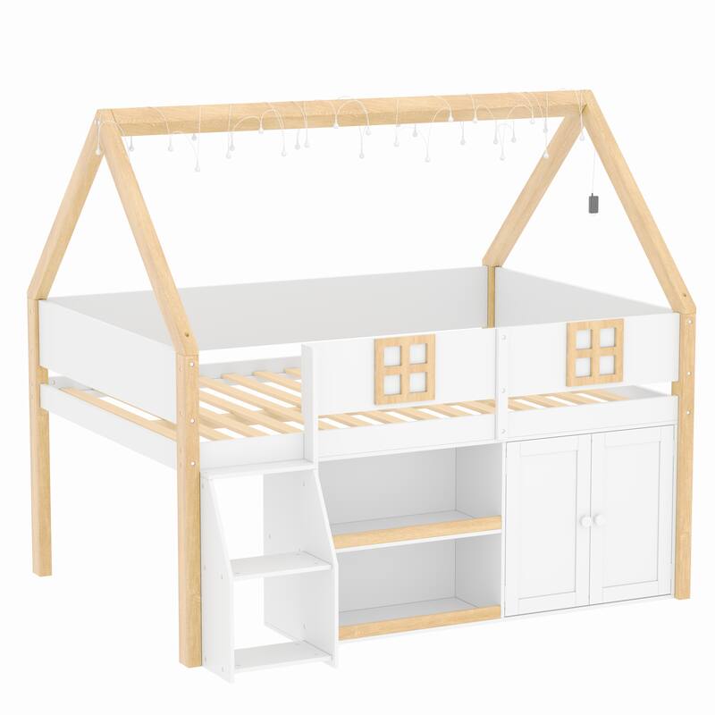 Low Profile Loft Bed with Step Staircase & Storage Cabinets, LED Lights & Shelving, Available in Full or Twin