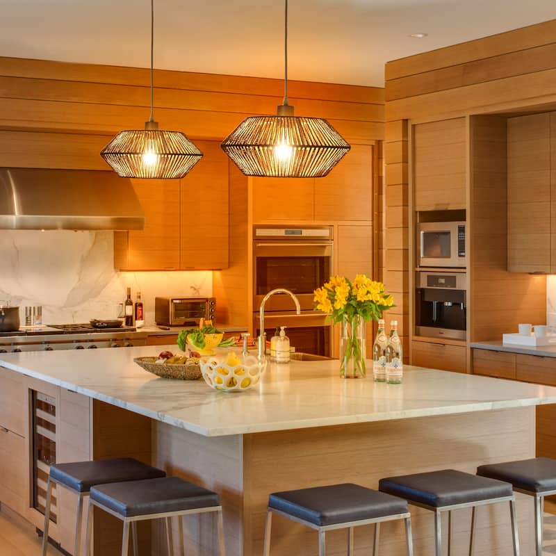 1-Light Modern Semi Flush Mount Chandelier, Handmade Rattan Hanging Pendant Light for Kitchen Island - W12.59"x H5.7"